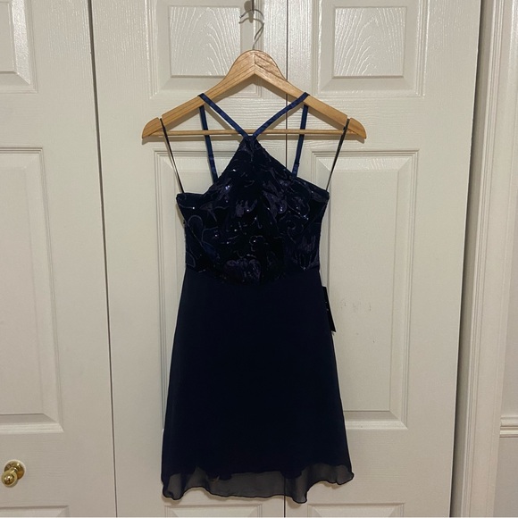 Lulus NWT Time of Love Navy Blue Sequin Halter Skater Velvet Burnout Mini Dress - Picture 4 of 12